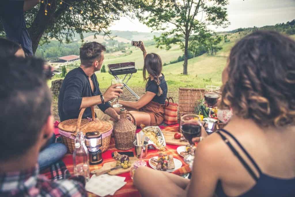 Friends picnicking in camp taking a selfie